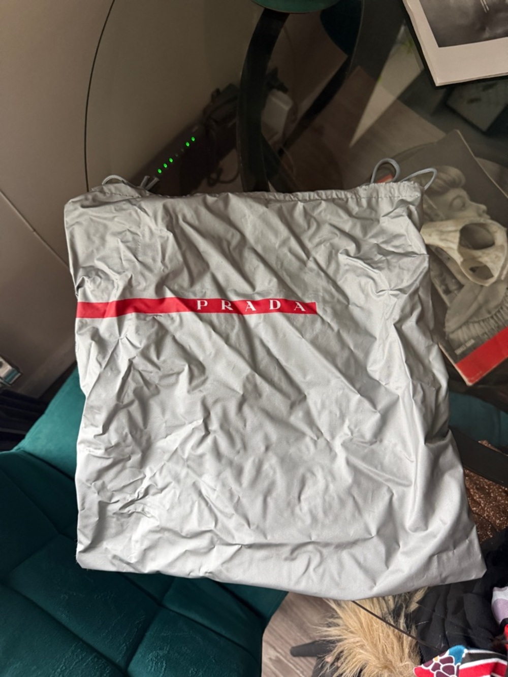 Prada Light Gray Dust Bag with Red Logo Stripe